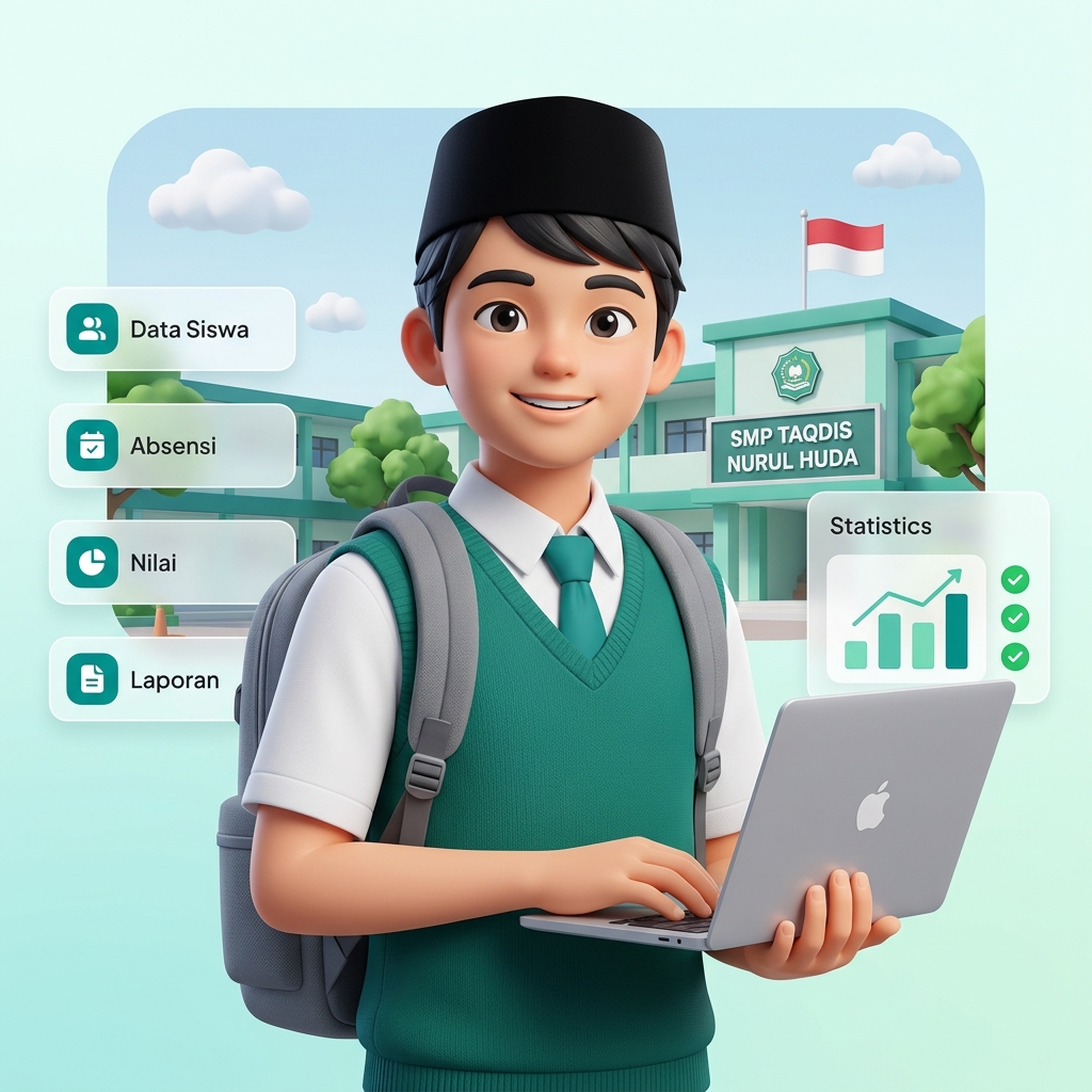 Ilustrasi 3D siswa SMP laki-laki memakai peci hitam, rompi hijau toska, membawa laptop silver di depan gedung SMP TAQDIS NURUL HUDA dengan panel dashboard digital