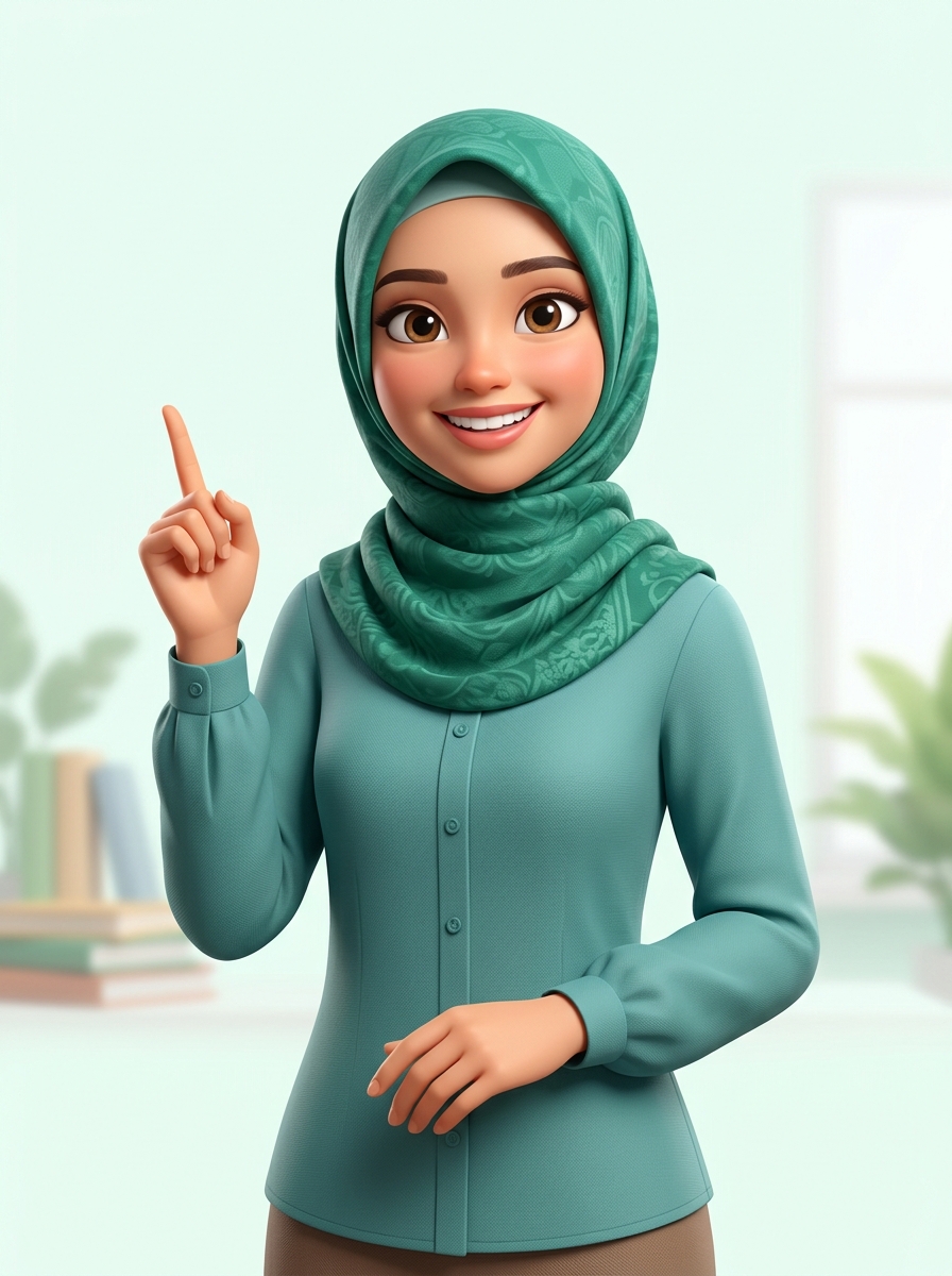 Ilustrasi 3D perempuan muda berhijab toska dengan satu tangan terangkat menjelaskan, sebagai representasi tim profesional TAQDIS EDUTECH